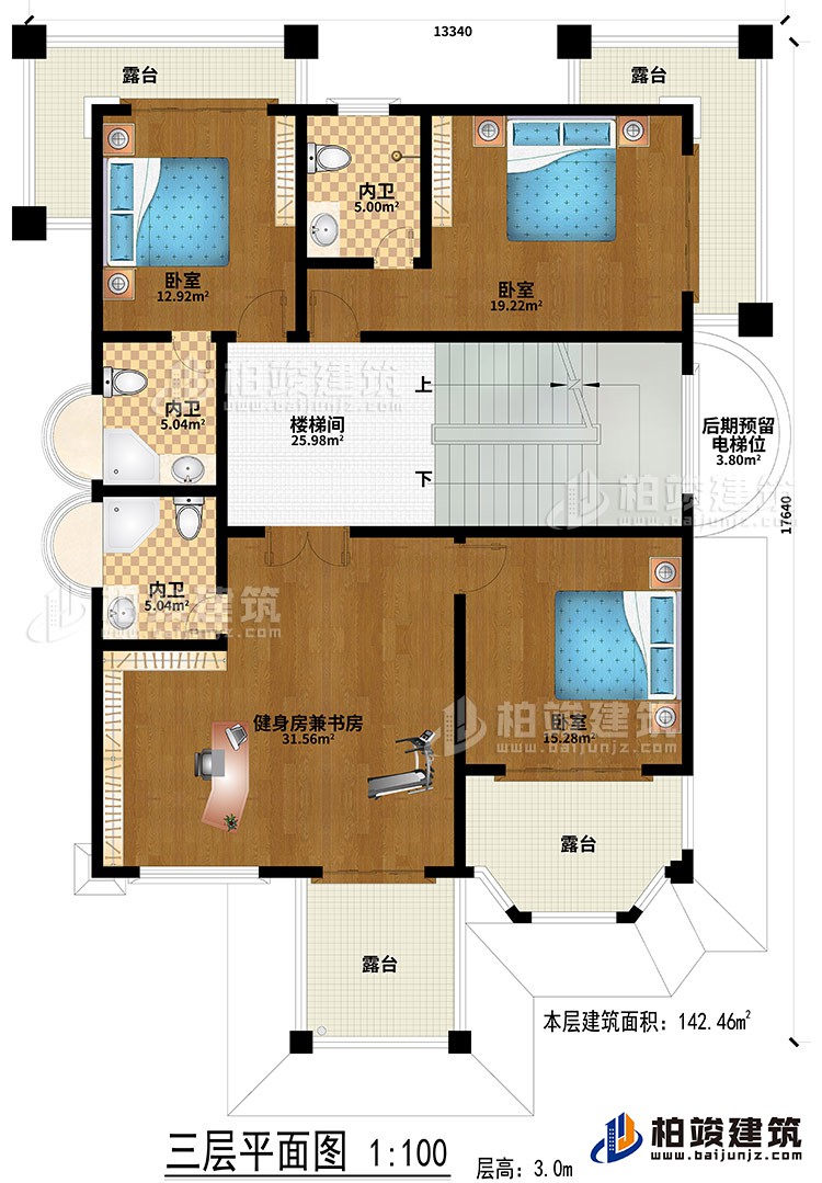 三層：樓梯間、健身房兼書房、3臥室、3內(nèi)衛(wèi)、后期預(yù)留電梯位、4露臺(tái)