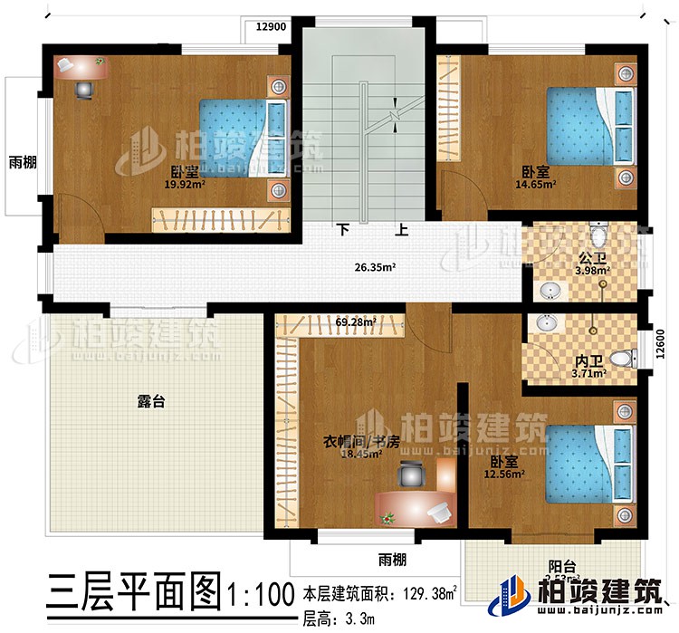 三層：衣帽間/書房、2雨棚、3臥室、公衛(wèi)、內(nèi)衛(wèi)、露臺(tái)、陽臺(tái)