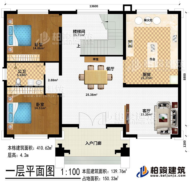 一層：入戶門廊、客廳、餐廳、廚房、神龕、島臺、柴火灶、樓梯間、公衛(wèi)、2臥室