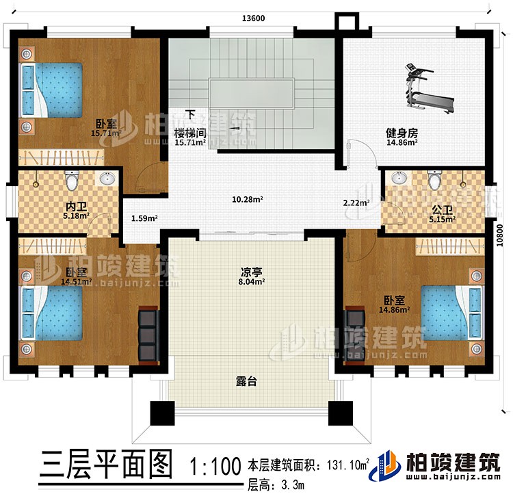 三層：樓梯間、健身房、3臥室、公衛(wèi)、內(nèi)衛(wèi)、涼亭、露臺