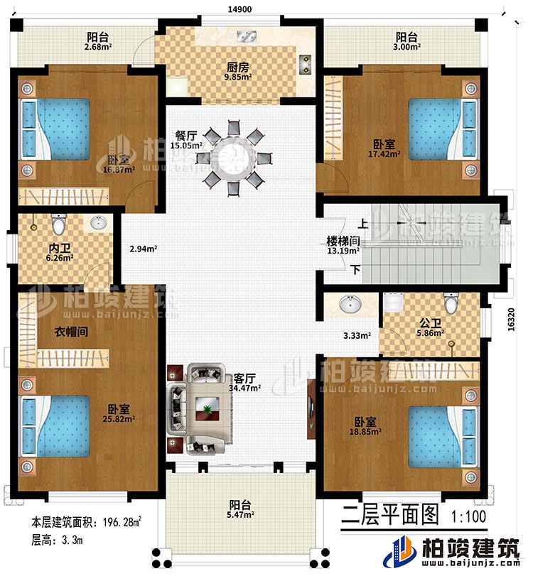 二層：客廳、樓梯間、餐廳、廚房、4臥室、衣帽間、公衛(wèi)、內(nèi)衛(wèi)、3陽臺