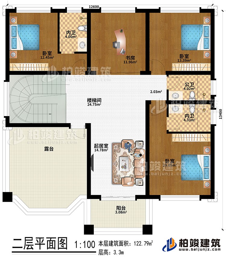 二層：樓梯間、起居室、3臥室、書房、2內(nèi)衛(wèi)、公衛(wèi)、露臺、陽臺