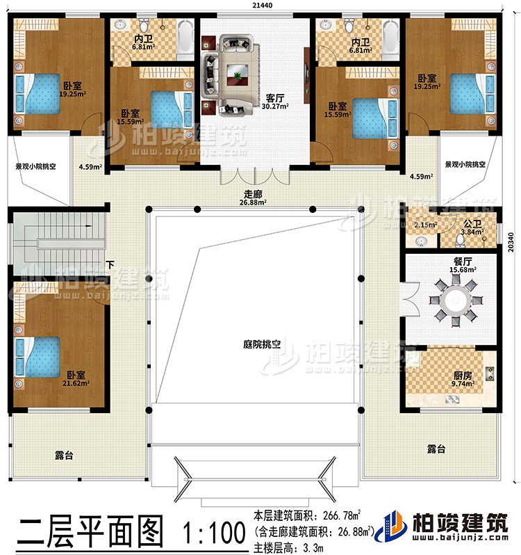 二層：客廳、餐廳、廚房、5臥室、2內(nèi)衛(wèi)、公衛(wèi)、2露臺、庭院挑空、2景觀小院挑空