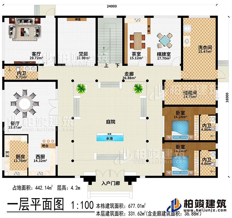 一層：入戶門廊、水池、影壁、庭院、走廊、西廚、廚房、餐廳、吧臺、客廳、堂屋、神龕、茶室、棋牌室、洗衣間、儲藏間、2臥室、3內(nèi)衛(wèi)