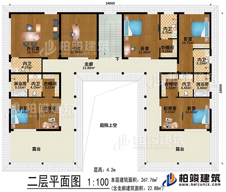二層：辦公室、書房、2起居室、3衣帽間、4臥室、2淋浴房、5內(nèi)衛(wèi)、走廊、2露臺、庭院上空