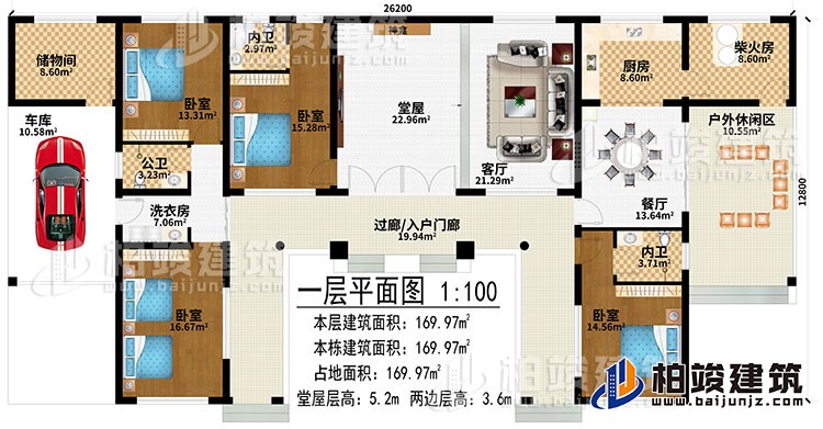 一層：過(guò)廊/入戶(hù)門(mén)廊、堂屋、神龕、客廳、餐廳、廚房、柴火房、戶(hù)外休閑區(qū)、儲(chǔ)物間、車(chē)庫(kù)、洗衣房、4臥室、2內(nèi)衛(wèi)、公衛(wèi)