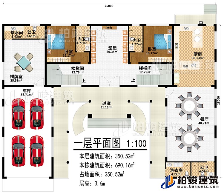 一層：過廊、堂屋、神龕、2樓梯間、廚房、餐廳、棋牌室、車庫、茶水間、2公衛(wèi)、洗衣房、2臥室、2內(nèi)衛(wèi)