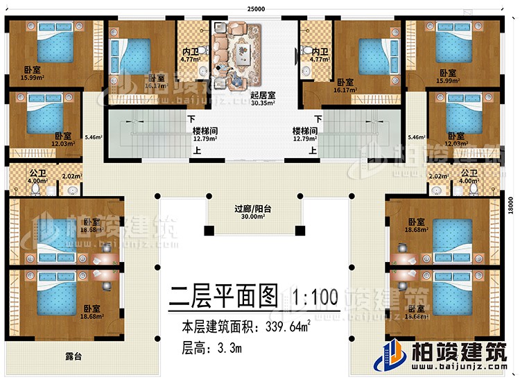 二層：起居室、2樓梯間、過廊/陽臺(tái)、10臥室、2內(nèi)衛(wèi)、2公衛(wèi)、2露臺(tái)