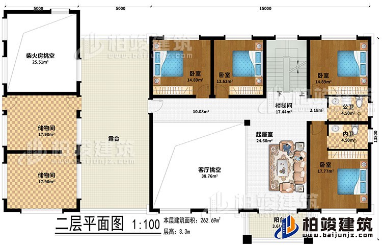 二層：起居室、樓梯間、2儲物間、客廳挑空、柴火房挑空、4臥室、公衛(wèi)、內(nèi)衛(wèi)、露臺、陽臺