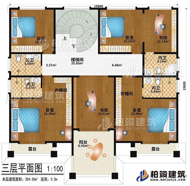 三層：樓梯間、4臥室、2衣帽間、2書房、公衛(wèi)、3內(nèi)衛(wèi)、2露臺、陽臺