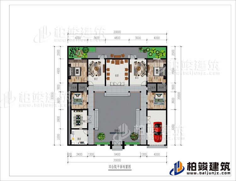 一層：影壁墻、車庫、廚房、餐廳、4臥室、4內(nèi)衛(wèi)、2客廳、堂屋、后花園