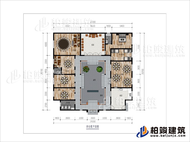 一層：大餐廳、2包間、2大餐廳、2內(nèi)衛(wèi)、堂屋、臥室、工人臥室、公衛(wèi)、庭院、影壁墻
