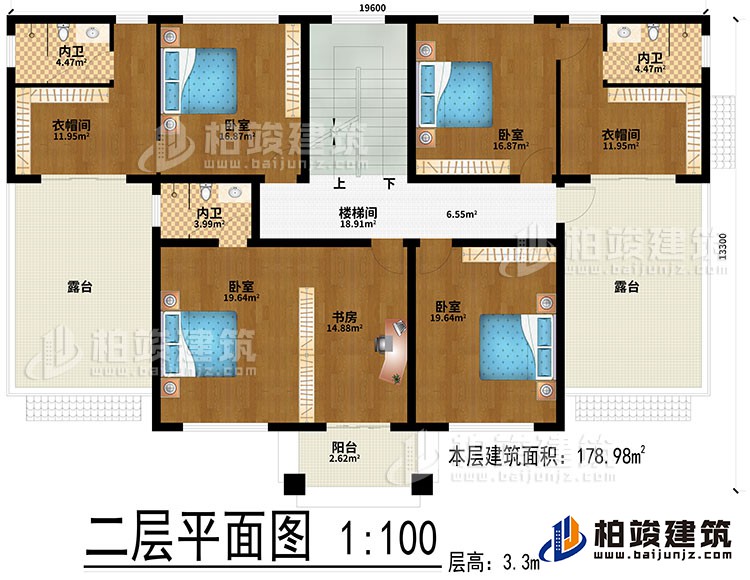 二層：樓梯間、4臥室、書房、2衣帽間、3內(nèi)衛(wèi)、2露臺、陽臺