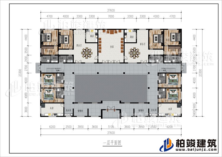 一層：2儲(chǔ)物間、2洗衣間、2灶房、8臥室、2衣帽間、2公衛(wèi)、6內(nèi)衛(wèi)、2廚房、2宴會(huì)廳、堂屋