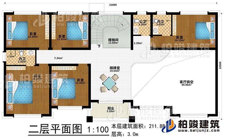 二層：棋牌室、樓梯間、5臥室、2內(nèi)衛(wèi)、公衛(wèi)、客廳挑空、陽臺