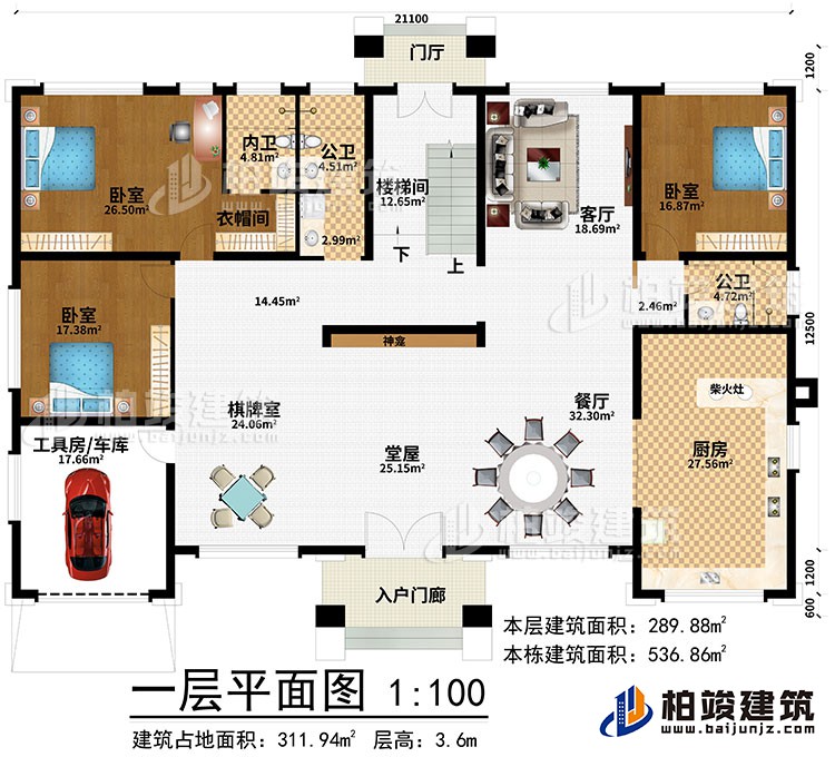 一層：入戶門廊、門廳、堂屋、神龕、棋牌室、餐廳、廚房、客廳、樓梯間、工具房/車庫、3臥室、衣帽間、內(nèi)衛(wèi)、2公衛(wèi)
