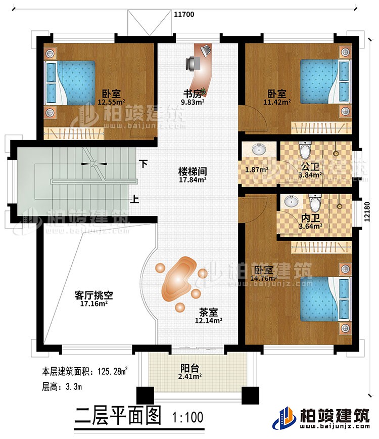 二層：樓梯間、書房、茶室、客廳挑空、3臥室、公衛(wèi)、內(nèi)衛(wèi)、陽臺(tái)