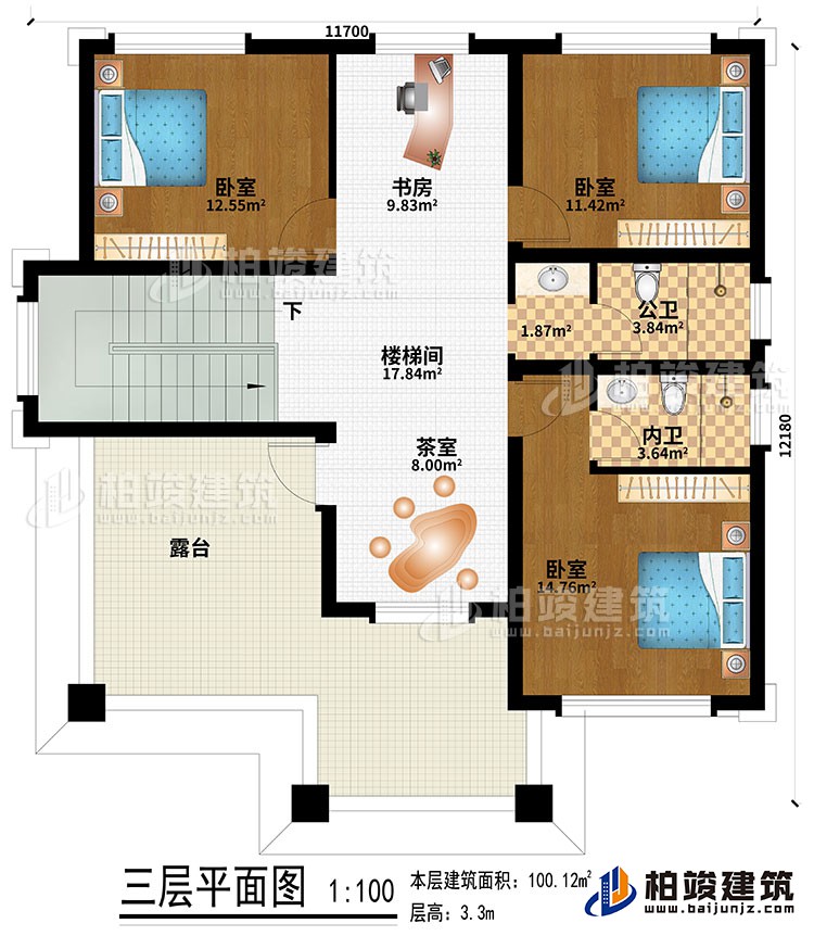 三層：樓梯間、書房、茶室、3臥室、公衛(wèi)、內(nèi)衛(wèi)、露臺(tái)