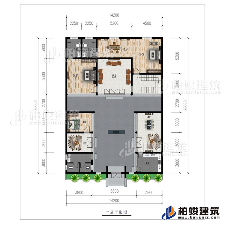 一層：廚房、2客廳、餐廳、公衛(wèi)、3臥室、影壁墻、堂屋、書房、2內(nèi)衛(wèi)