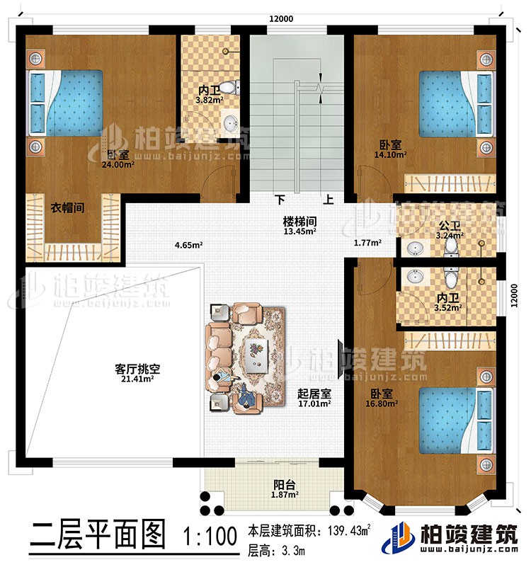 二層：客廳挑空、起居室、樓梯間、3臥室、衣帽間、2內(nèi)衛(wèi)、公衛(wèi)、陽(yáng)臺(tái)