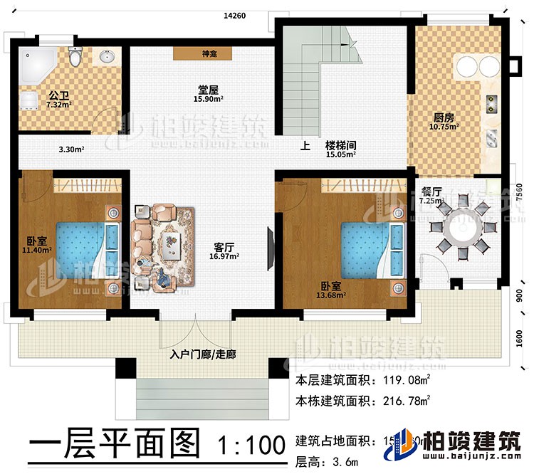 一層：入戶門廊/走廊、客廳、堂屋、神龕、樓梯間、廚房、餐廳、2臥室、公衛(wèi)