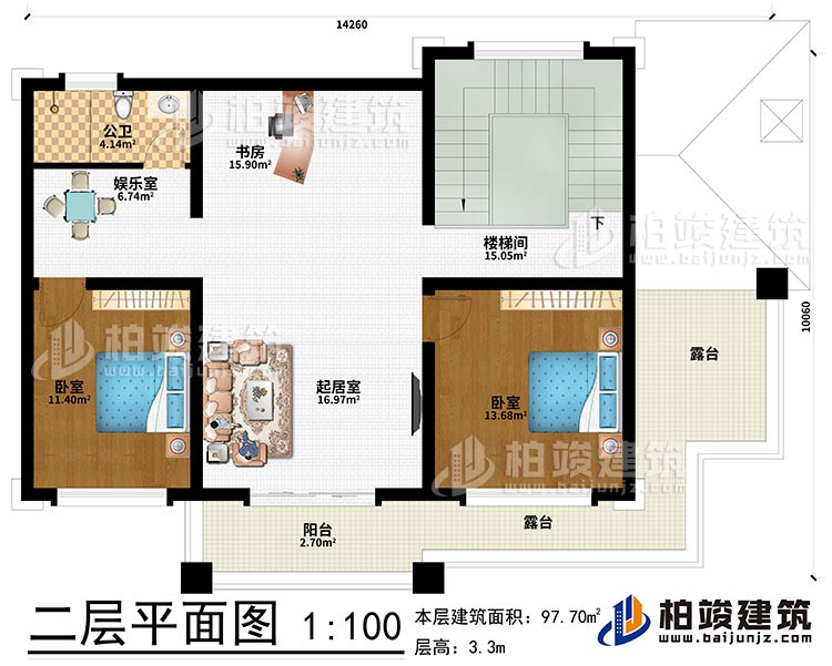 二層：起居室、書房、娛樂(lè)室、2臥室、樓梯間、公衛(wèi)、陽(yáng)臺(tái)、2露臺(tái)