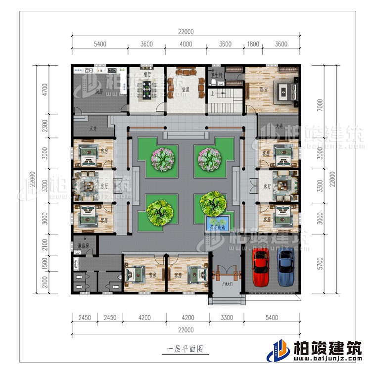 一層：廣亮大門、車庫、書房、公衛(wèi)、7臥室、2客廳、餐廳、廚房、堂屋、2天井、內衛(wèi)、荷花魚池