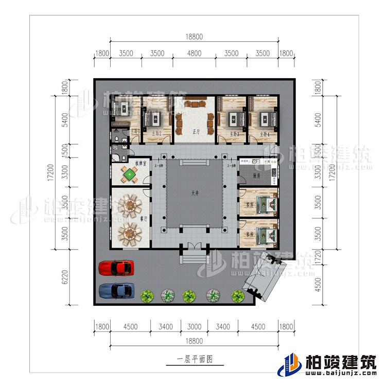 一層：車庫(kù)、餐廳、棋牌室、廚房、正廳、6臥室、公衛(wèi)、內(nèi)衛(wèi)