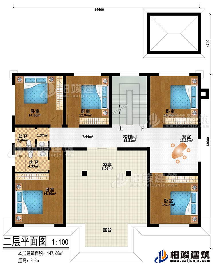 二層：樓梯間、茶室、涼亭、5臥室、公衛(wèi)、內(nèi)衛(wèi)、露臺