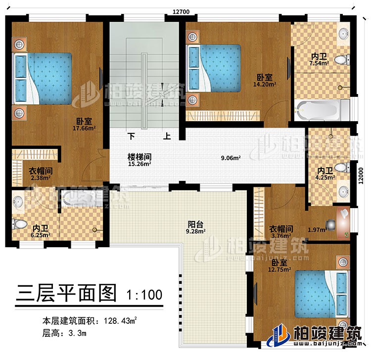 三層：樓梯間、3臥室、2衣帽間、3內(nèi)衛(wèi)、陽(yáng)臺(tái)