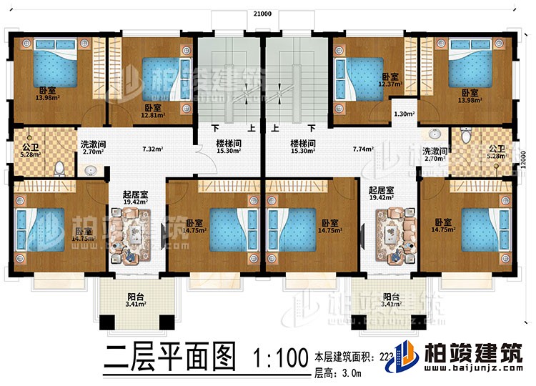 二層：2樓梯間、2起居室、2洗漱間、8臥室、2公衛(wèi)、2陽臺(tái)