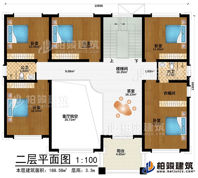 二層：客廳挑空、茶室、樓梯間、5臥室、衣帽間、內(nèi)衛(wèi)、公衛(wèi)、陽臺(tái)