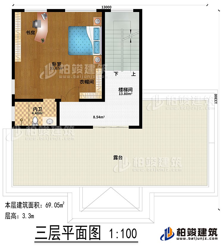 三層：樓梯間、臥室、衣帽間、內(nèi)衛(wèi)、書房、露臺(tái)