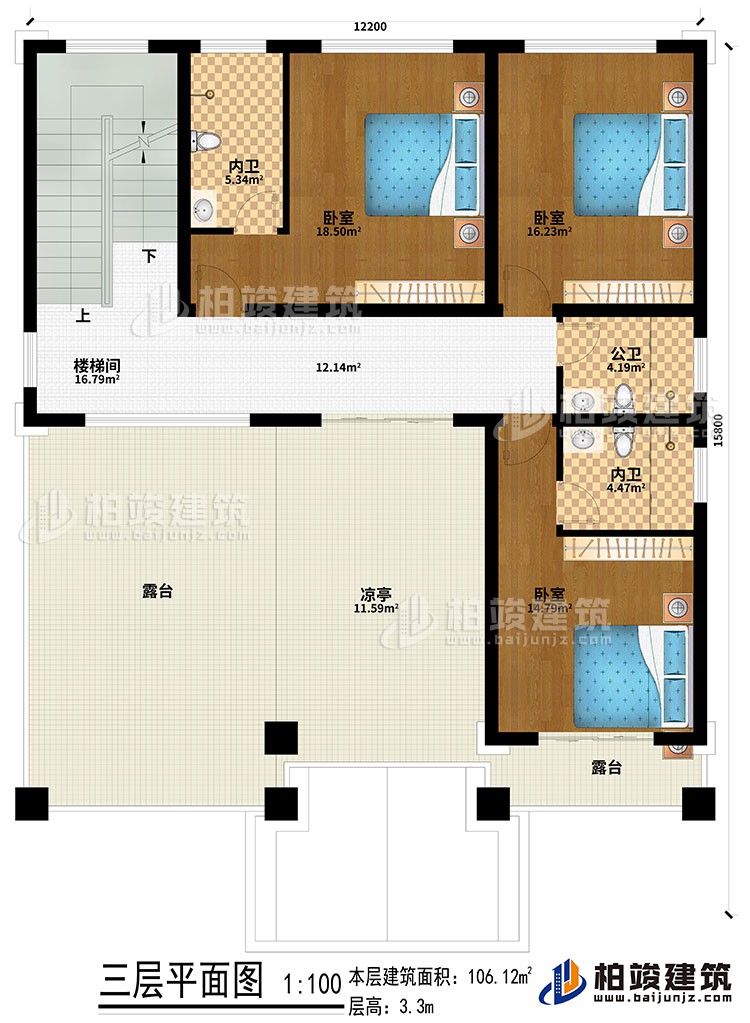 三層：樓梯間、3臥室、2內(nèi)衛(wèi)、公衛(wèi)、涼亭、2露臺(tái)