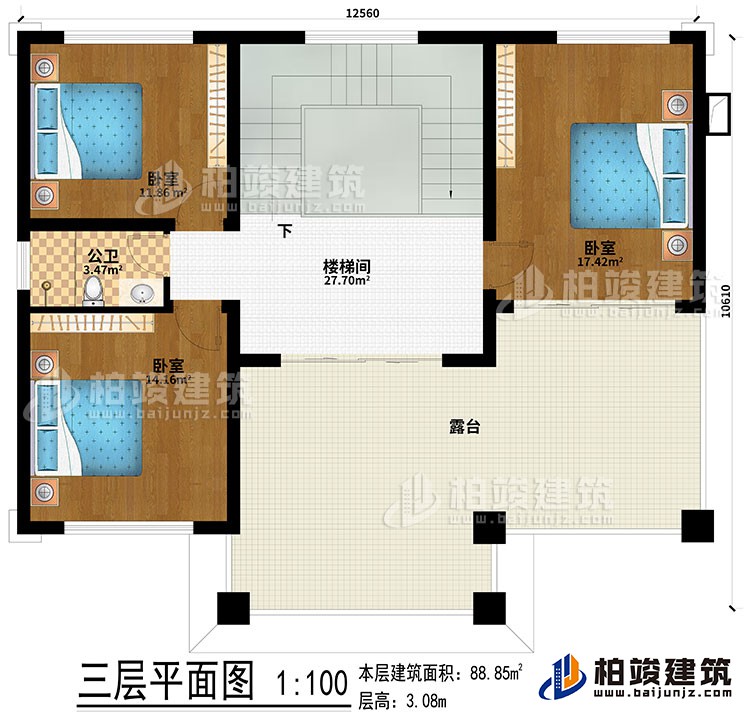 三層：樓梯間、3臥室、露臺(tái)、公衛(wèi)