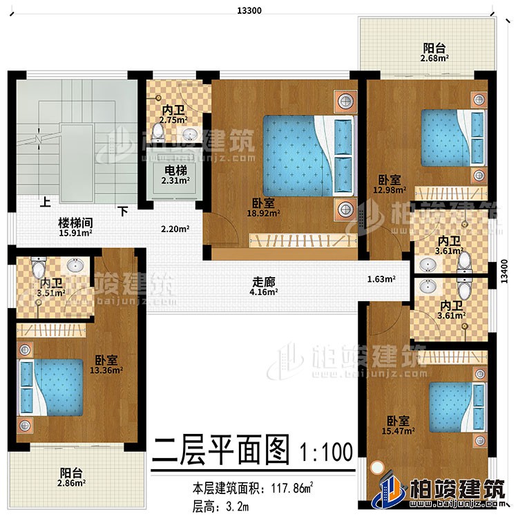 二層：走廊、4臥室、4內(nèi)衛(wèi)、2陽臺、樓梯間、電梯