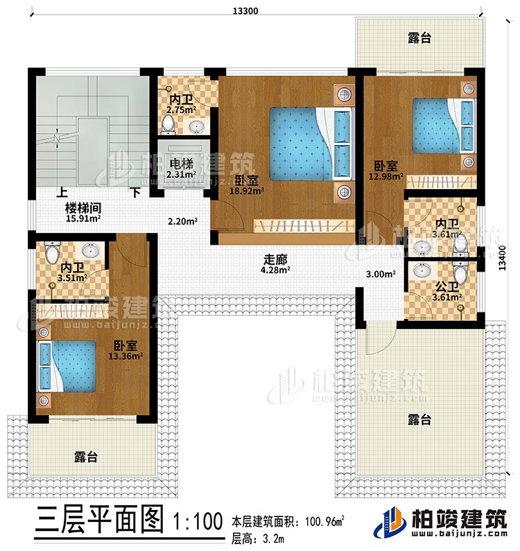 三層：走廊、3臥室、3內(nèi)衛(wèi)、3露臺、樓梯間、電梯、公衛(wèi)