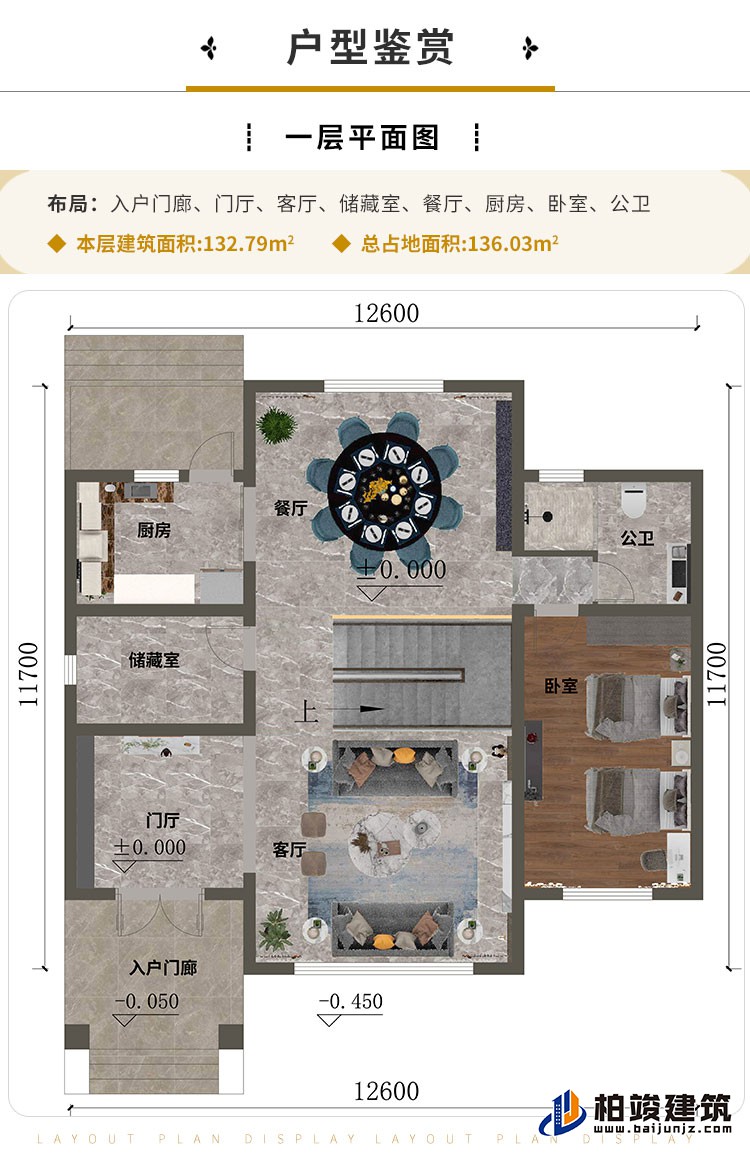 一層“入戶門廊、門廳、客廳、儲(chǔ)藏室、餐廳、廚房、臥室、公衛(wèi)