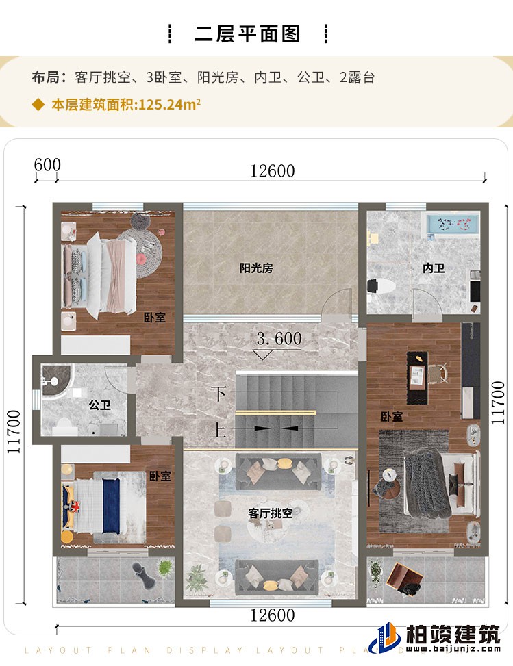 二層：客廳挑空、3臥室、陽(yáng)光房、內(nèi)衛(wèi)、公衛(wèi)、2露臺(tái)