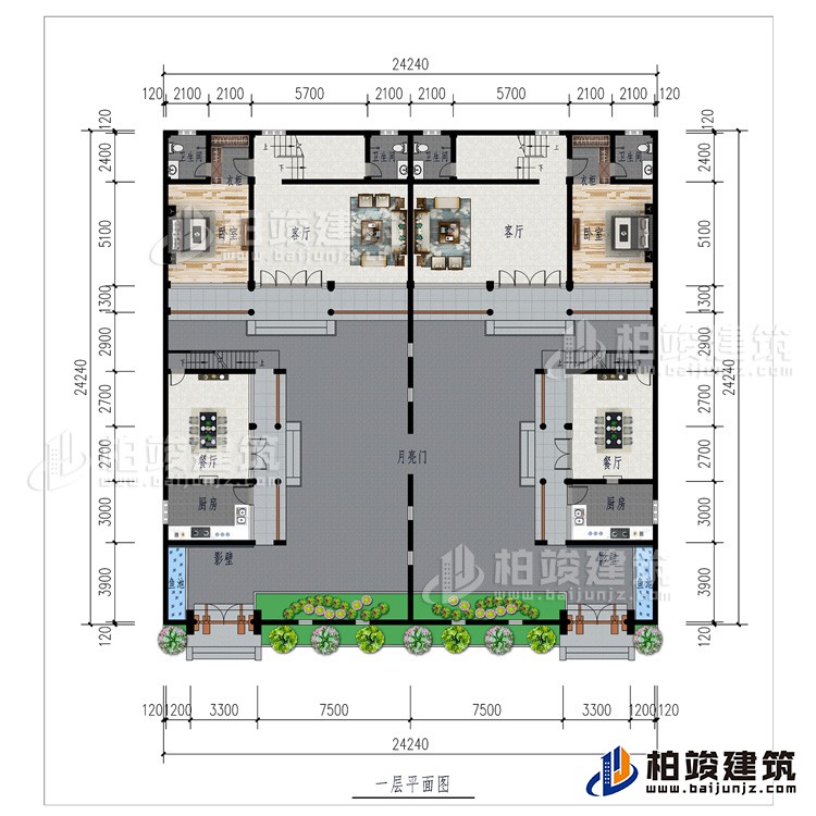 一層：月亮門(mén)、2廚房、2影壁、2餐廳、2客廳、2臥室、2衣柜、2內(nèi)衛(wèi)、2魚(yú)池