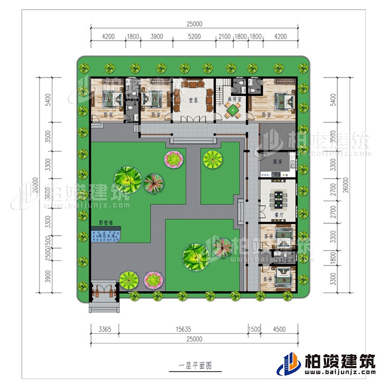一層：影壁墻、花園、堂屋、廚房、餐廳、5臥室、2公衛(wèi)、2內(nèi)衛(wèi)、麻將室