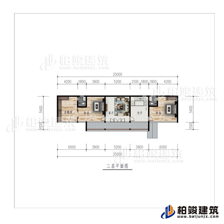 二層：過廳、客廳、衣帽間、2臥室