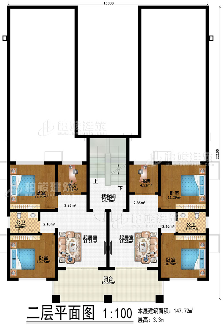 二層：2起居室、2書房、4臥室、2公衛(wèi)、樓梯間、陽臺