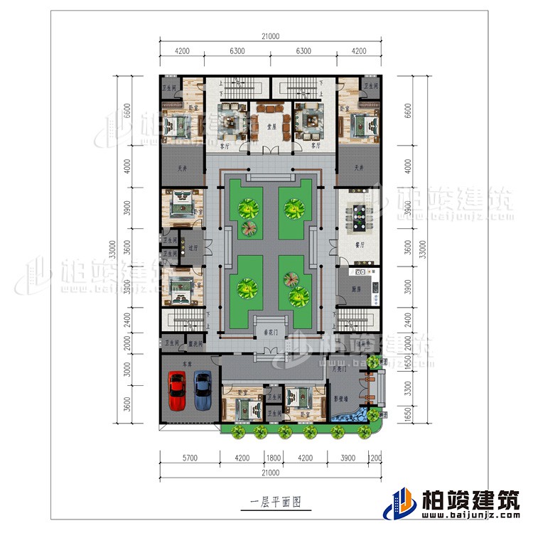 一層：月亮門、影壁墻、6臥室、車庫、6內(nèi)衛(wèi)、公衛(wèi)、儲(chǔ)藏室、廚房、餐廳、過廳、2天井2客廳、堂屋、垂花門