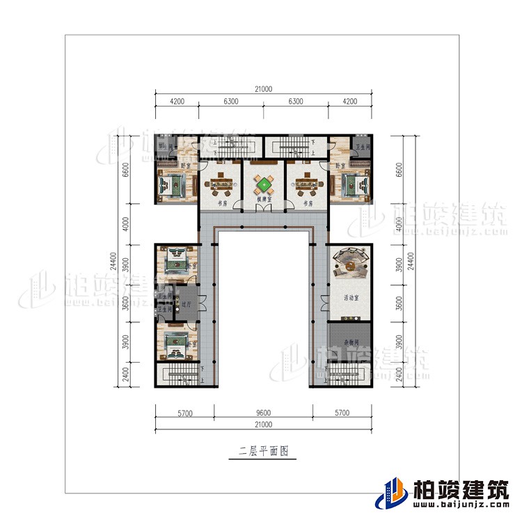 二層：棋牌室、2書房、活動(dòng)室、雜物間、4臥室、4內(nèi)衛(wèi)、過廊