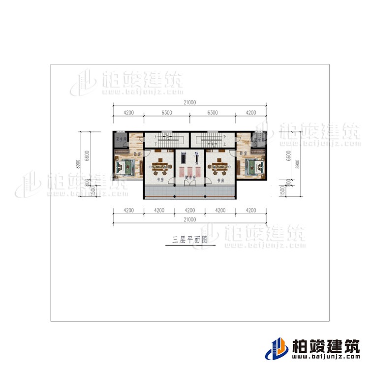 三層：2臥室、健身房、2書房、2內(nèi)衛(wèi)