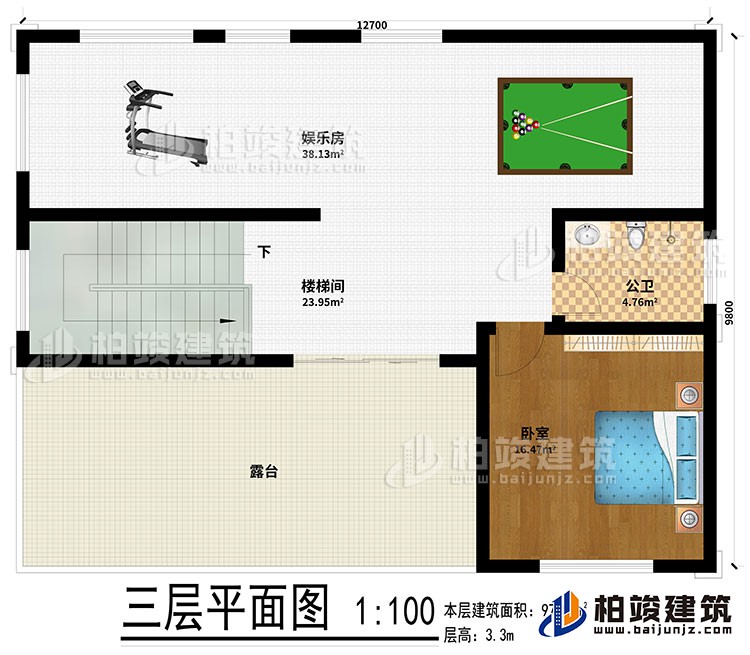 三層：娛樂室、樓梯間、公衛(wèi)、臥室、露臺