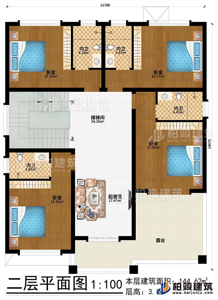 二層：起居室、樓梯間、4臥室、4內(nèi)衛(wèi)、露臺