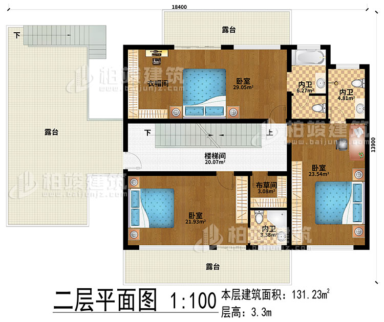 二層：樓梯間、3臥室、衣帽間、布草間、3內(nèi)衛(wèi)、3露臺