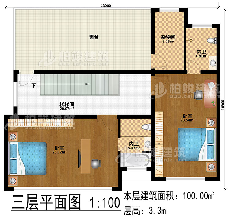 三層：2臥室、樓梯間、露臺、2內(nèi)衛(wèi)、雜物間